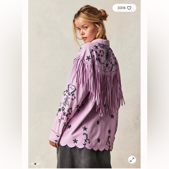 Free People Great Plains Fringe Denim Top Lilac Embroidered western shirt L - Picture 3 of 8